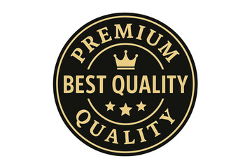 Premium quality label. Best quality flat vector badge. Gold premium icon with crown and stars. Guarantee seal stamp. Round certificate logo design for products. VIP icon.