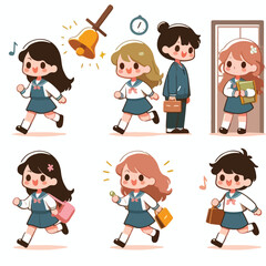 image of students running towards class with a simple and minimalist flat design using a white background