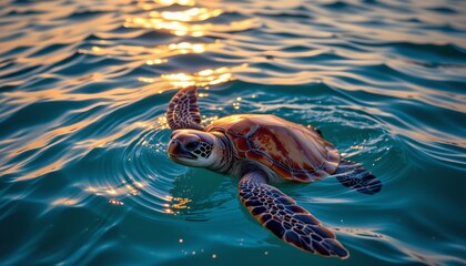 a sea turtle swimming in clear blue waters, captured from a bird's eye perspective that provides a view of the turtle swimming toward the bottom right corner of the frame