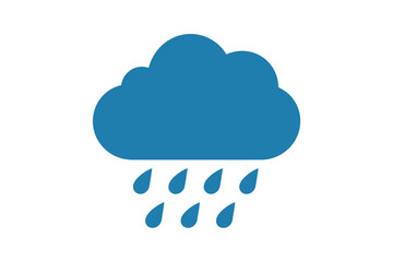 A simple illustration of a blue cloud with several raindrops falling from it on a white background plain