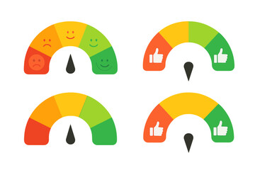 Set of emotions scales for customer feedback. Rating meter with smiley faces and like or dislike icons. Customer service satisfaction score. Quality measurement concept icon.