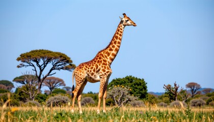a serene savanna landscape with a giraffe as the central figure. the giraffe stands prominently in the foreground against a backdrop of open grassland, with trees and shrubs scattered around it