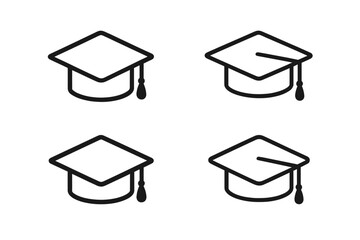 Graduation cap vector icon set. Academic education symbol illustration for university, college, or school degree ceremony. Mortarboard hat isolated line art design element.
