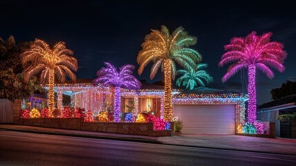 Obraz premium A house decorated with colorful, vibrant holiday lights covering palm trees and the entire front yard during nighttime.