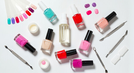 Obraz premium Colorful nail polish bottles and manicure tools on white, for beauty blogs