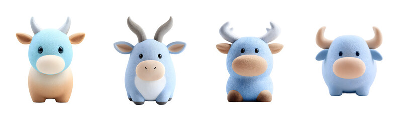 Pack of cute blue cartoon cows with horns. Adorable, whimsical, fun, happy, cartoon, plush, mascot, farm, animal.