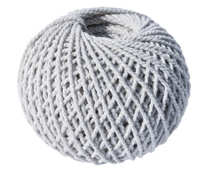 Grey ball of yarn made of cotton twine isolated on a transparent background. Full depth of field....