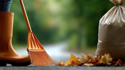 Winning stock photo of a black plastic garbage bag filled with colorful autumn leaves on grass during a tranquil dusk in the garden