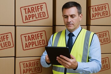 A tariff dispute can strain international trade relations. A man in a safety vest uses a tablet while standing in front of stacked boxes