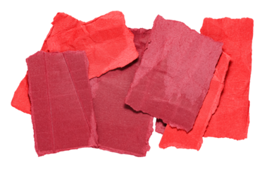 Red crumpled wrinkled torn pieces of blank paper note cardboard with texture and copy space, close up transparent png background isolated cut out design element