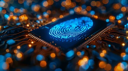 A glowing fingerprint on a circuit board represents digital security and biometric identification