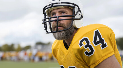 Bearded male American football player wearing yellow jersey with number 34 and white helmet on outdoor field.