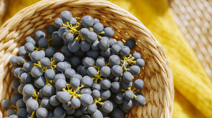Bunch of black grapes in wicker basket on yellow textile background.