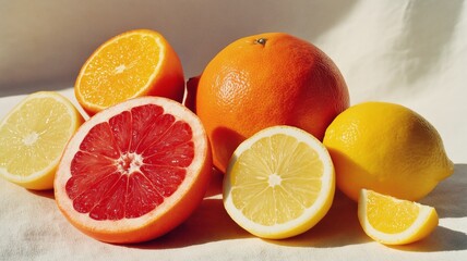 Fototapeta premium A colorful display of oranges, lemons, and grapefruits showcases freshness and variety.