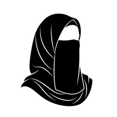 a woman wearing a black niqab on a white background view