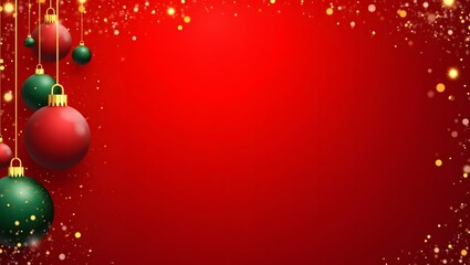 Festive red background featuring greenery with gold, silver, and red ornaments hanging from the top,