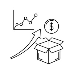 A line drawing showing a graph, an arrow, a box, and a dollar coin 