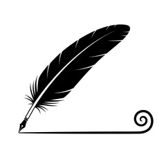 A black quill pen with a swirl of ink on a white background illustration