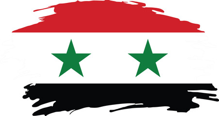 grunge style brush painted flag of syria with horizontal red white black stripes and two green stars emblem

