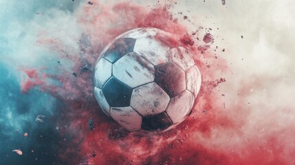 Fototapeta premium Dynamic Soccer Ball Explosion with Splashes of Vibrant Color and Textured Effect