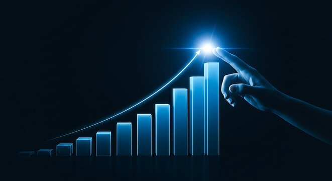 Fingertip touches the peak of a glowing blue bar graph indicating financial growth and success
