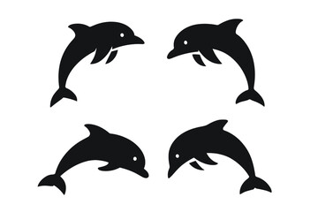 Fototapeta premium Dolphin Silhouette Vector Set for Logos and Branding—Minimalist Marine Mammal Icons, Jumping Dolphins, Ocean Life Symbols, Black Silhouettes for Nautical Designs, Transparent PNG