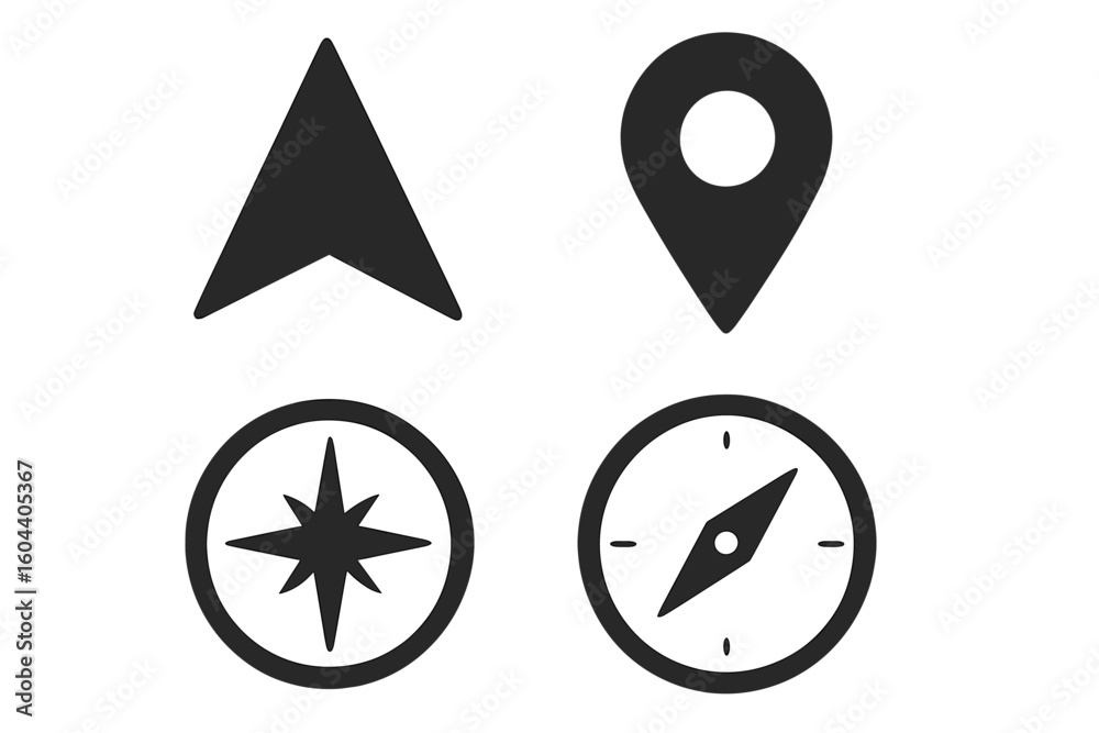 Poster navigation icons set with compass, map pin, and arrow. gps location and direction symbols. vector gr