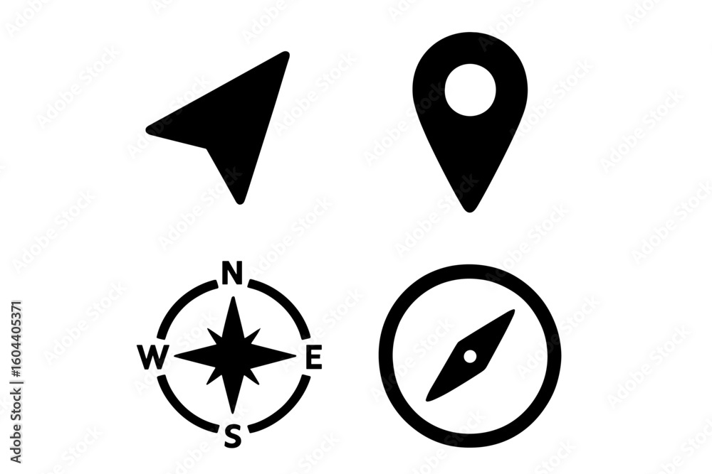 Poster navigation and map icon set. vector symbols for location, direction, and travel. includes compass, g