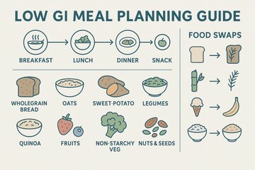 low glycemic diet planning. fruits for diabetic patients. Guide illustrating low glycemic index meal planning with suggested foods