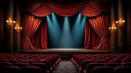 Empty theater stage with red velvet curtains and spotlights