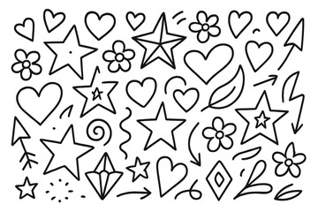 Hand drawn doodle collection. Cute vector set with stars, hearts, arrows, flowers, swirls. Simple black and white outline sketch elements for coloring pages or stickers.