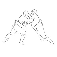 One continuous line drawing on white isolated background. Minimalism linear illustration. sport, man, competition, strength, wrestling, athlete, overweight, tradition, two people, japan