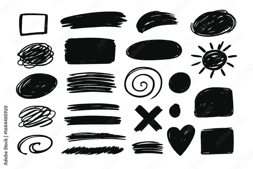 Fototapete hand drawn shapes set. doodle sketch collection. grunge ink brush strokes, scribbles, lines. abstrac