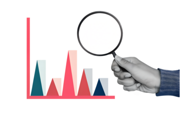 Man looking at red graph through a magnifying glass. Modern collage style. Illustration on transparent background