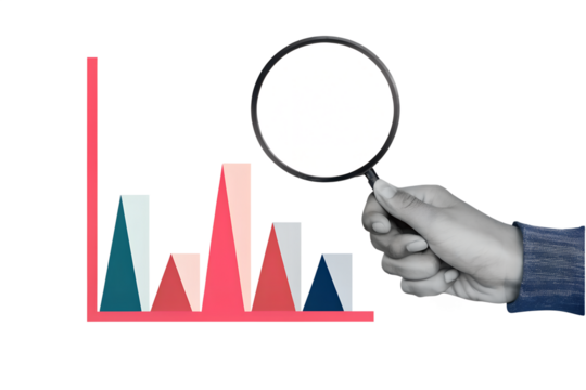 Man looking at red graph through a magnifying glass. Modern collage style. Illustration on transparent background