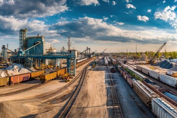 Fototapeta premium Industrial Yard Train cars in an industrial site with cranes & buildings in clouds