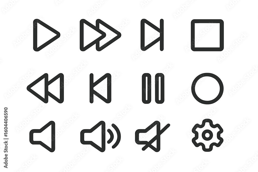Poster media player control icon set. ui ux interface buttons for web, app design. play, pause, stop, volum