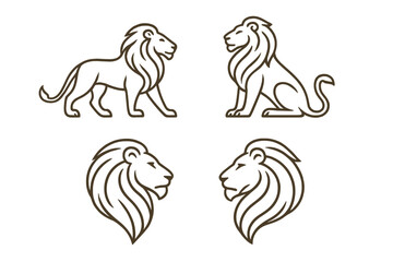 Lion logo line art set. Collection of elegant lion outline symbols. Simple vector mascot icon for branding. Walking and sitting lion, head profile. Minimalist animal design.