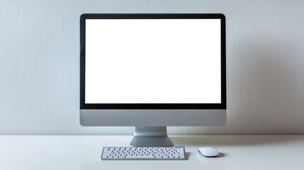 There is a computer monitor with a wireless keyboard and mouse on a white table. Mockup of a monitor with an empty white screen. A concise workplace. Performance concept