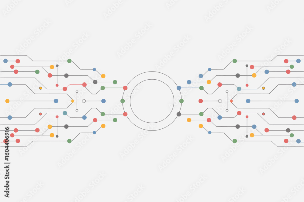 Poster abstract circuit board design with colorful dots and connections on a white background in a symmetri