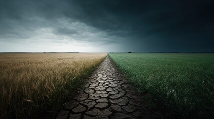 Contrast between dry land and lush green field under dark stormy sky