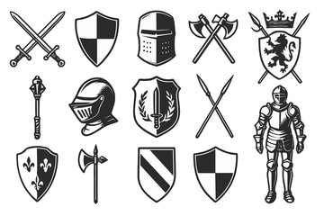 Medieval knight armor, weapon, and shield icon set. Vector illustration for gaming, fantasy, and historical themes. Heraldic elements, sword, axe, helmet, isolated.