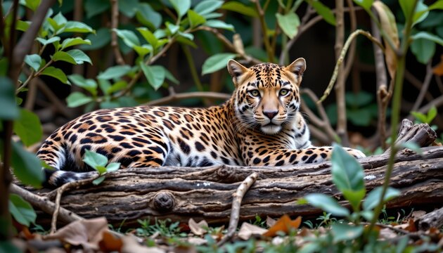 a majestic jaguar resting amidst lush greenery, seemingly undisturbed in its natural habitat