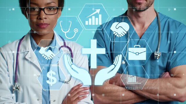 Medical Professionals Diverse Team with Digital Healthcare Data and Graphic Symbols on Blue Background Innovation Futuristic Concepts - Powered by Adobe