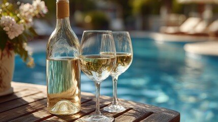 Enjoying white wine by the poolside in a serene outdoor setting during a sunny day