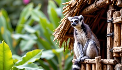 an adorable lemur sits in a small wooden birdhouse high in a tropical forest. the lemur, with its fur varying between shades of brown and white, seems to be enjoying its elevated perch