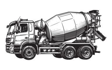 truck cement mixer concrete woodcut engraving vector illustration