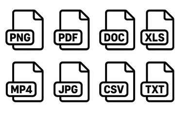 File Format Icon Set Vector Illustration—PNG, PDF, DOC, XLS, MP4, JPG, CSV, TXT—Minimal Outline Design for Digital and Document Management on Transparent Background