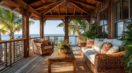 Fototapeta premium A cozy tropical wooden porch with wicker furniture, cushions, and lush greenery overlooking the ocean under a clear blue sky.