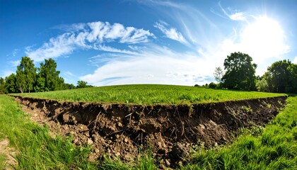Obraz premium Wide-angle view of a grassy field with exposed earth
